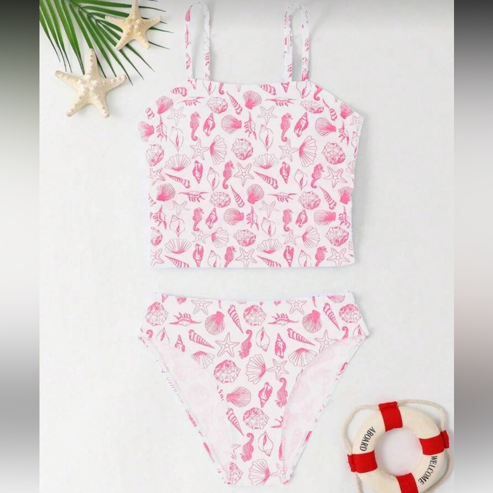 SHEIN Tween Girls Tankinis Cute Knitted Fabric With Ocean Creature Prints